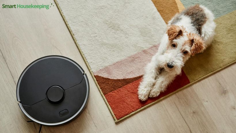 A dog on the carpet with a robot vacuum cleaner